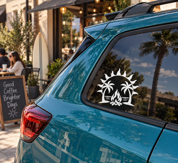 Tropical vinyl badge decal with flaming sun and palm trees, black and white emblem