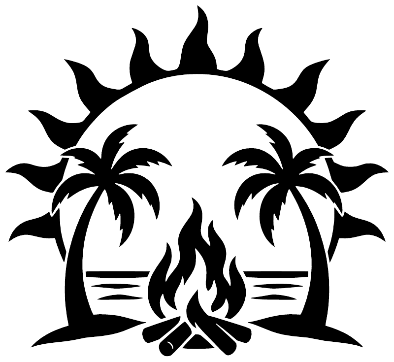 Tropical badge vinyl decal, black flame and palm trees under a sun emblem