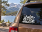 Vinyl decal on car window: Bonfire By The Sea logo with flames and waves