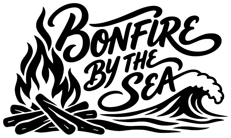 Black Bonfire By The Sea vinyl decal artwork with flames, waves, and text