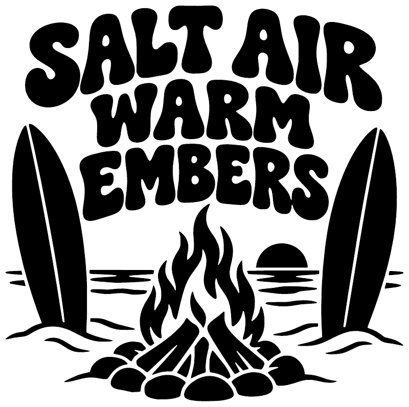 Black vinyl decal on white with 'SALT AIR WARM EMBERS' text, flames, and rocks