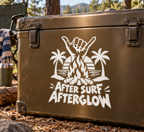 Beach-themed vinyl decal with flaming surfboard and text "After Surf Afterglow"