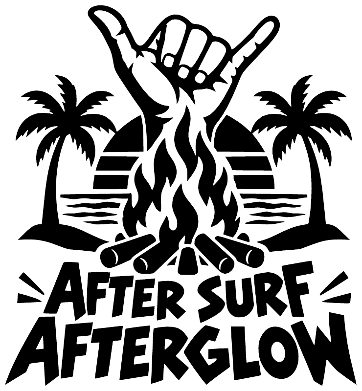 White vinyl decal graphic with flaming surf, palms, and "After Surf Afterglow" text