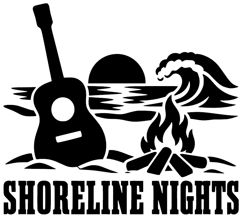 Black vinyl decal with guitar, waves, flames, and 'SHORELINE NIGHTS' lettering