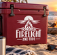 Firelight and Tide vinyl decal on red cooler lid, campfire logo with white text