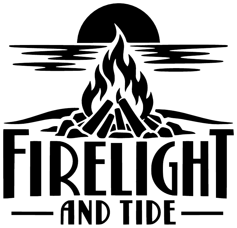 Black Firelight and Tide vinyl decal logo: campfire above rays, bold text