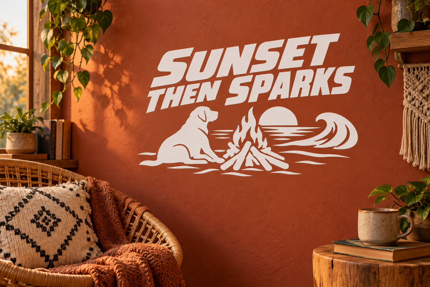 White vinyl wall decal with bold text 'Sunset Then Sparks' and campfire with dog silhouette