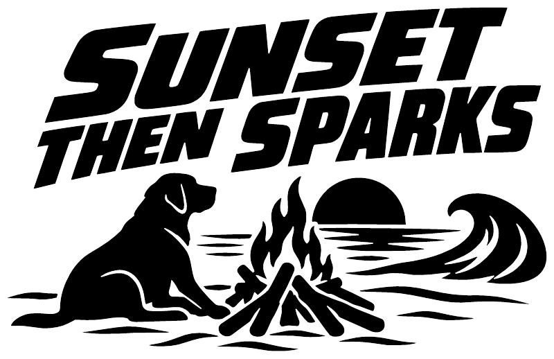 Black vinyl wall decal with 'Sunset Then Sparks' text and campfire with dog silhouette