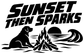 Black vinyl wall decal with 'Sunset Then Sparks' text and campfire with dog silhouette