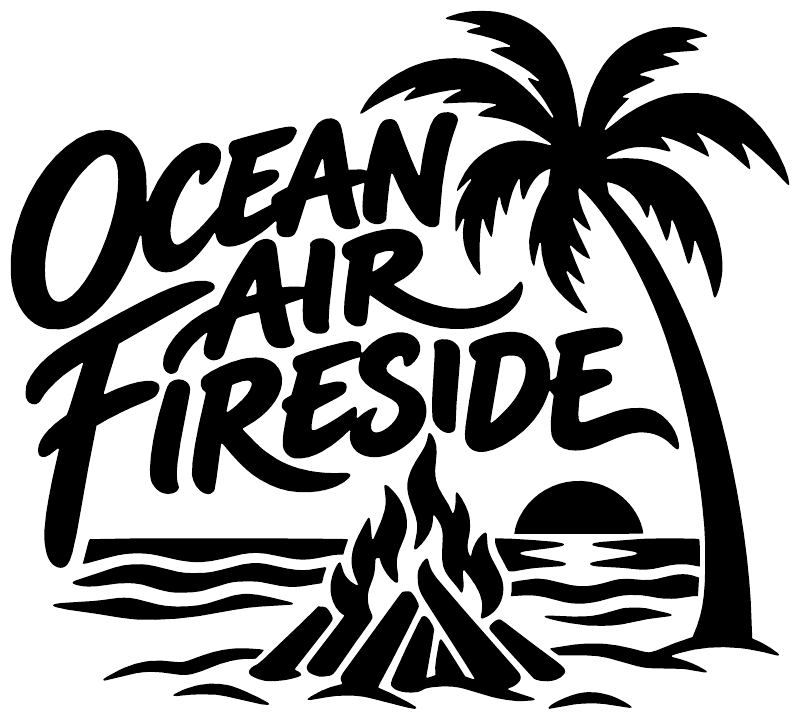 White vinyl decal with Ocean Air Fireside text, palm tree, and campfire.