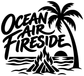 White vinyl decal with Ocean Air Fireside text, palm tree, and campfire.