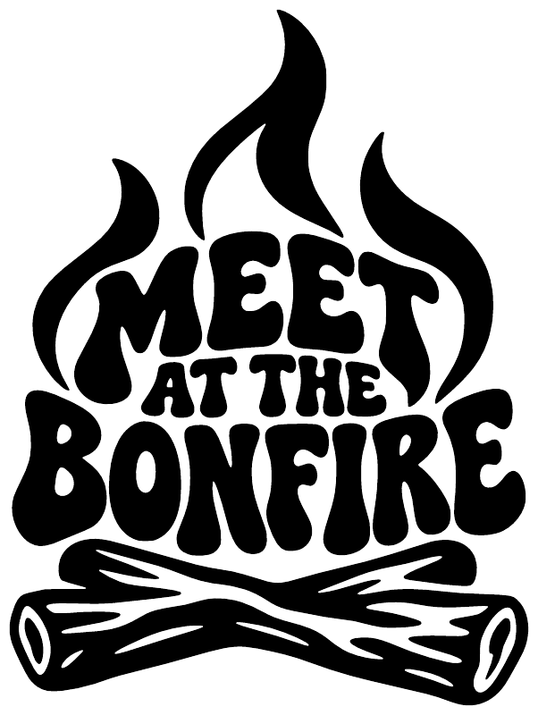 Vinyl decal close-up with bold 'MEET AT THE BONFIRE' flames and log icon in black.
