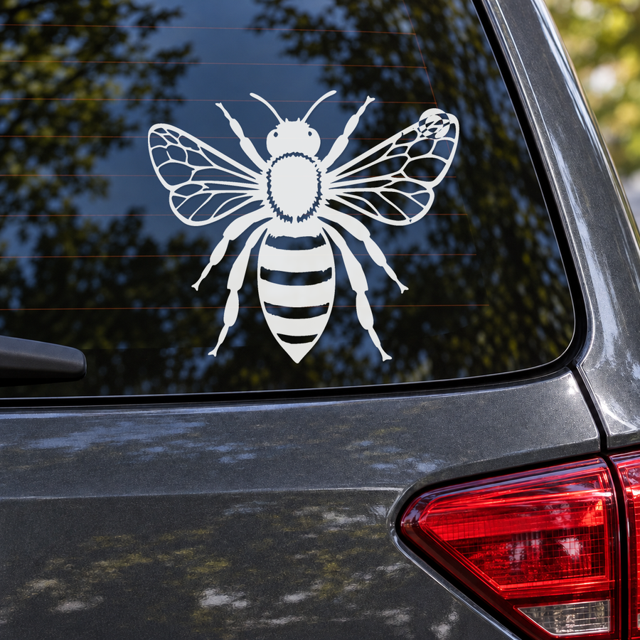 White vinyl honey bee decal with outlined wings and striped body