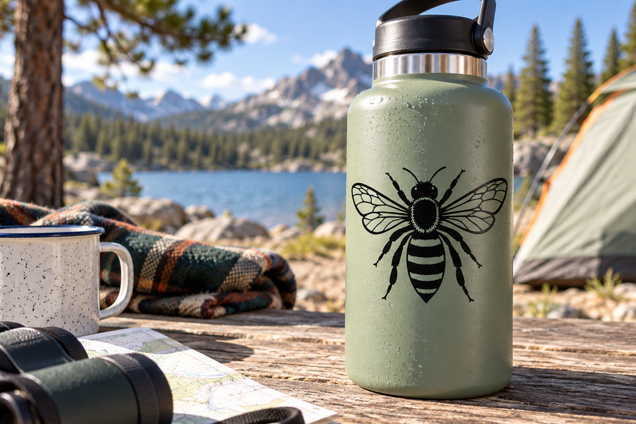 Honey bee veined-wing vinyl decal on green bottle, black line art