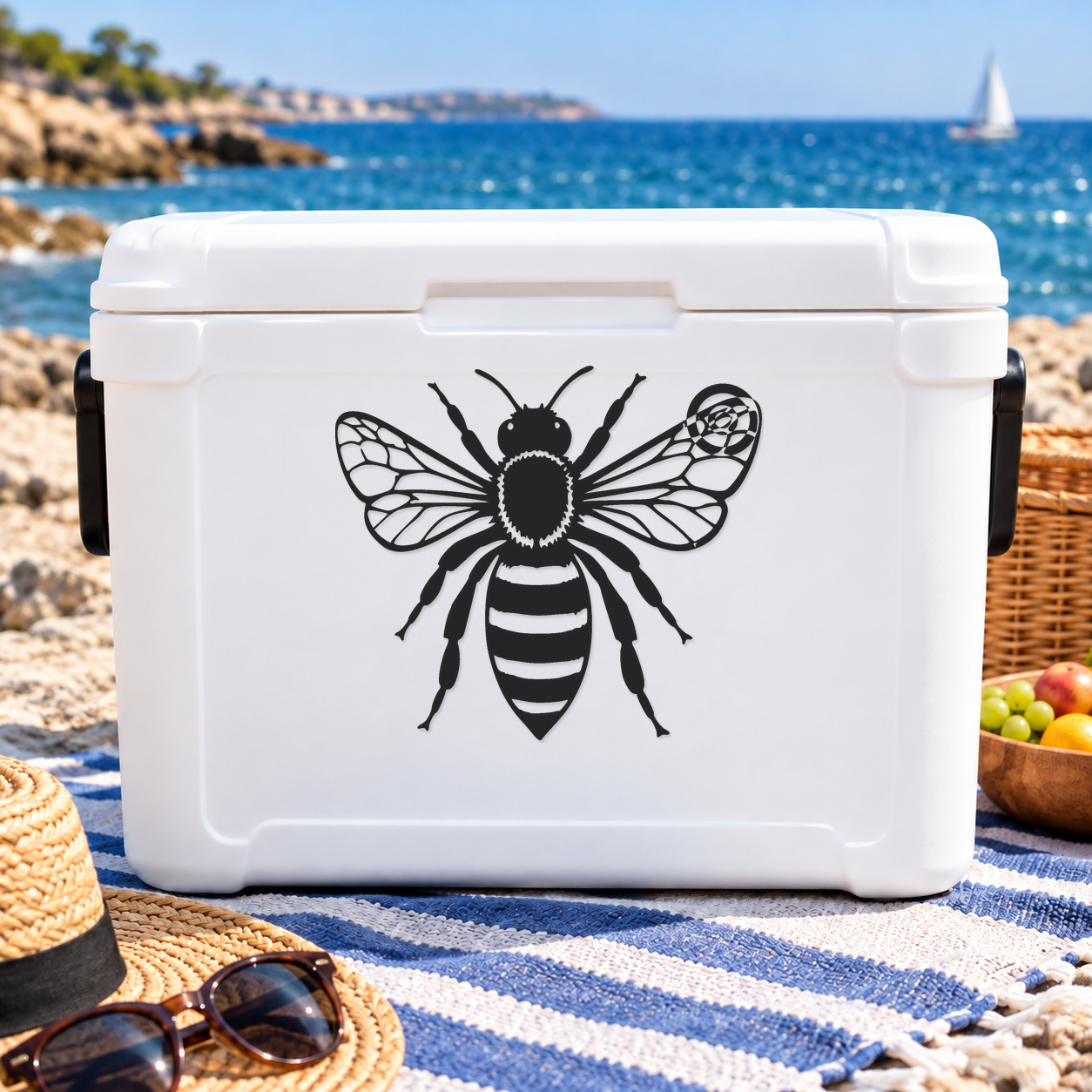 White cooler with black honey bee decal, veined wings and striped body