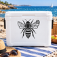 White cooler with black honey bee decal, veined wings and striped body