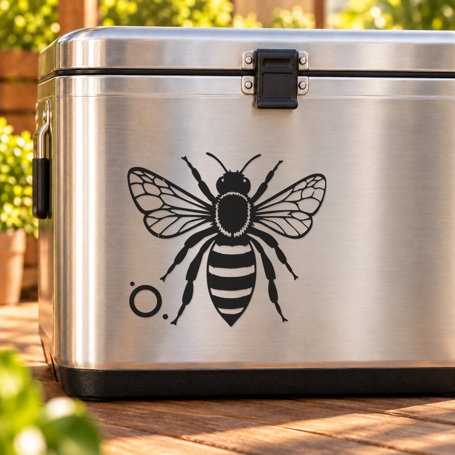 Stainless steel container with black honeybee decal and orbit dot halo