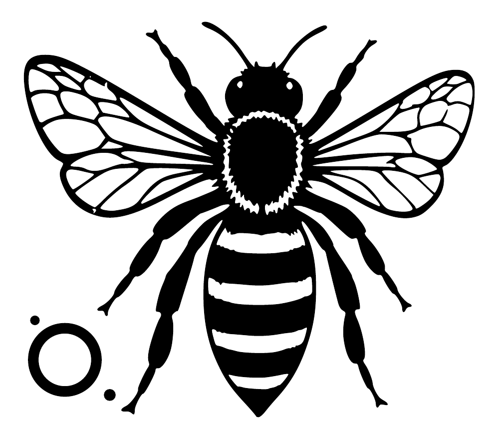 Honeybee graphic with veined wings, striped body, and orbit dot halo
