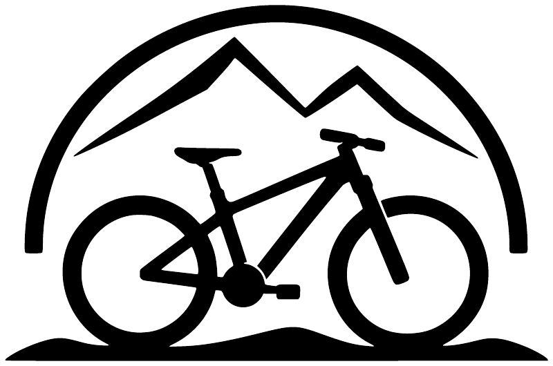 Bicycle mountain gate vinyl decal, black bicycle silhouette under mountain arch
