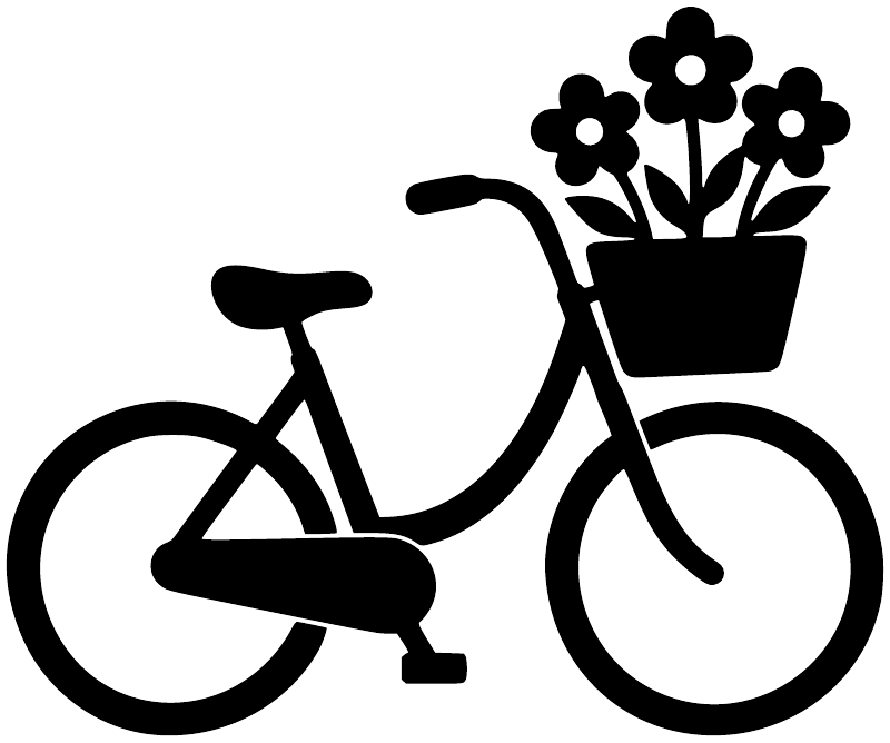 Vinyl bicycle blossom basket decal graphic, black bicycle with flower basket