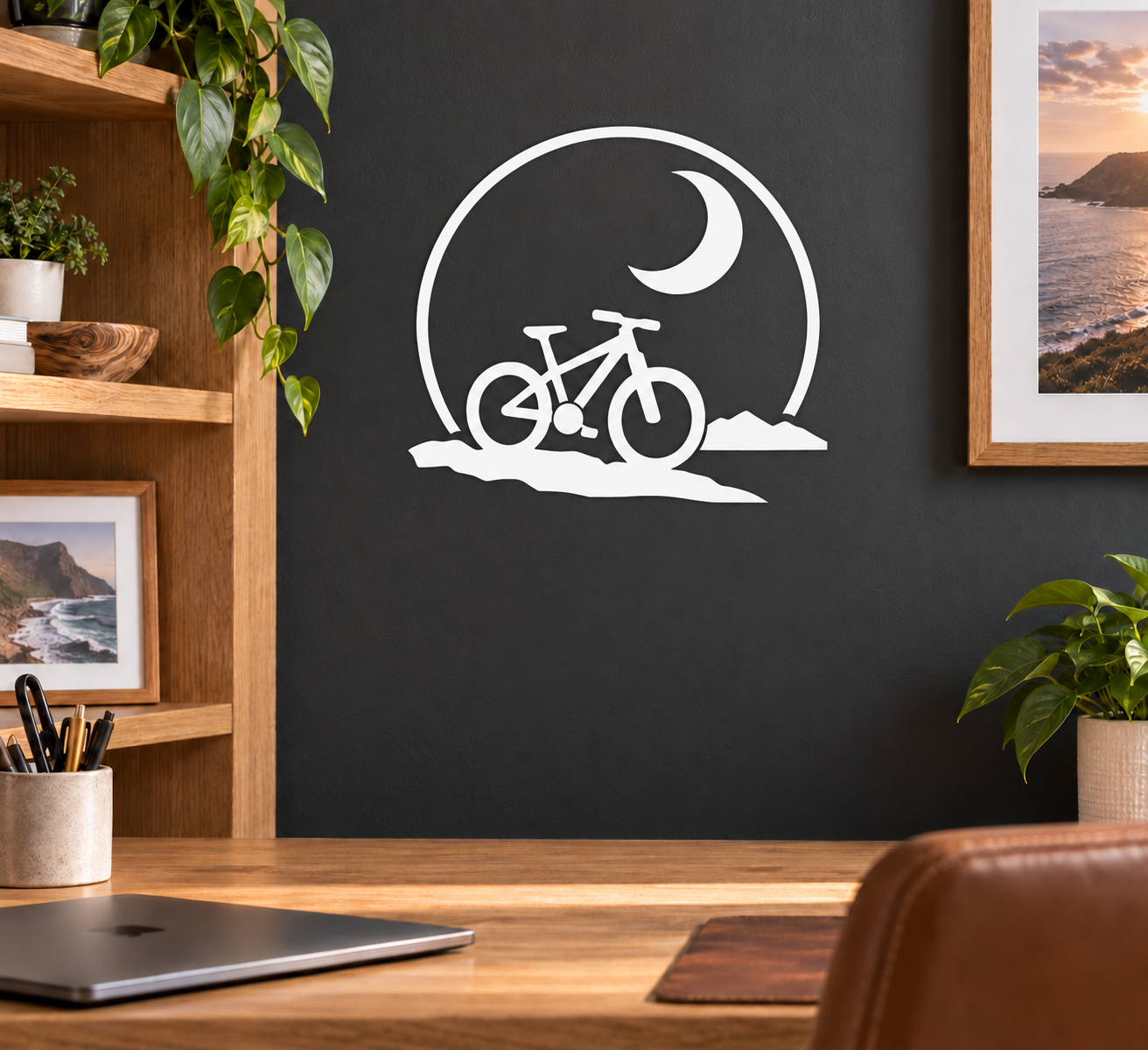 Bicycle crescent ride vinyl decal, white moon and rider bicycle silhouette