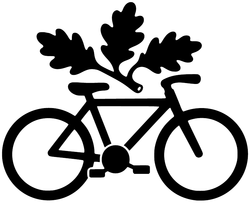 Bike oak emblem vinyl decal, black bicycle with oak leaves and white accents