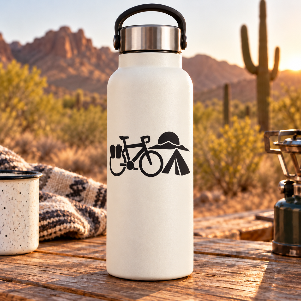 Bicycle camper vinyl decal on white bottle: bicycle, tent, and camping gear icons