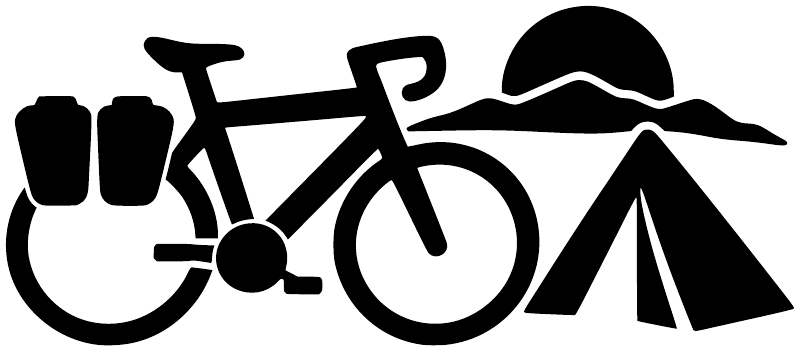 Black bicycle camper vinyl decal with bicycle, tent, and camping gear silhouettes