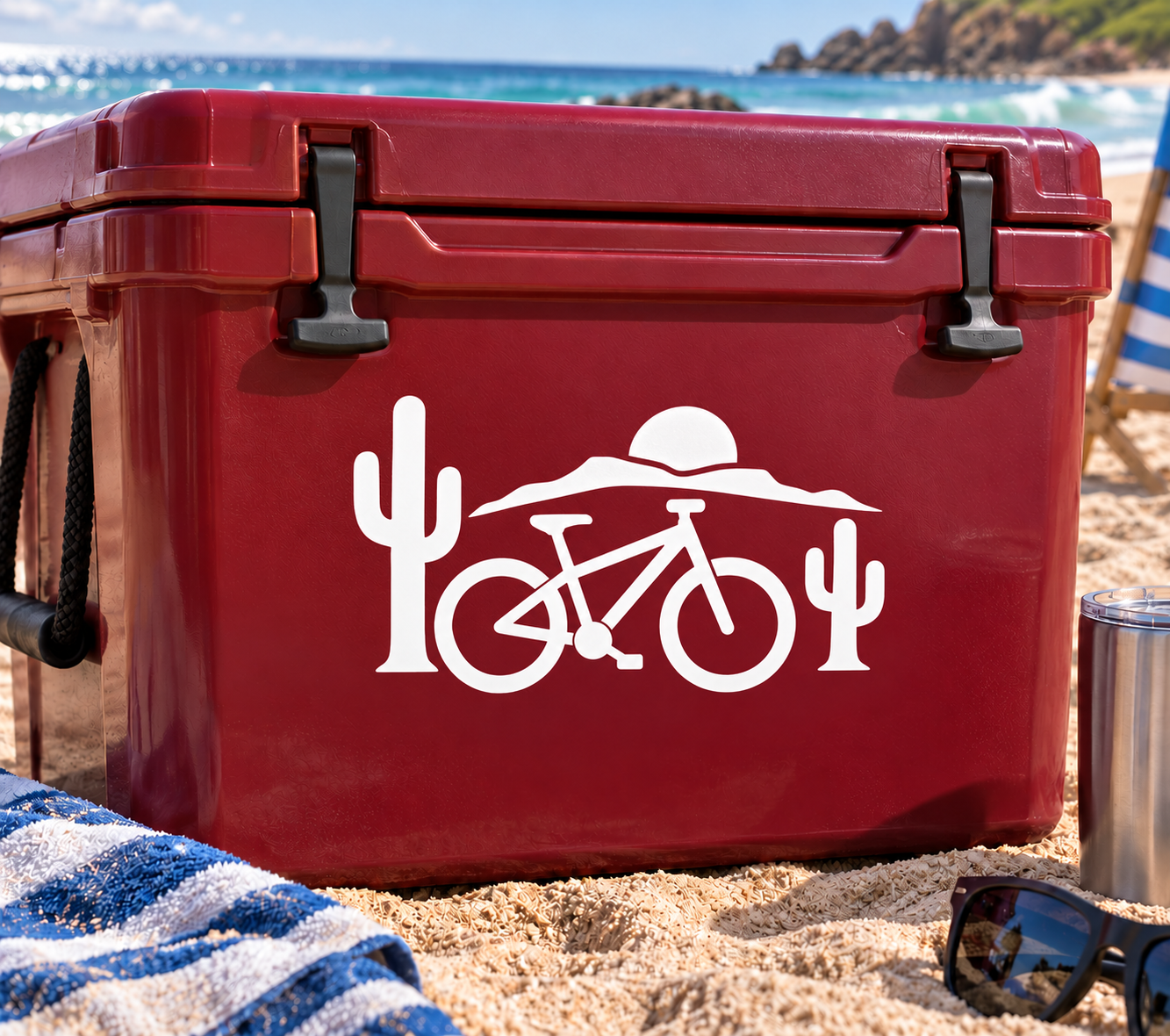 White bicycle vinyl decal with rider, cactus, and handlebar icons on a red surface