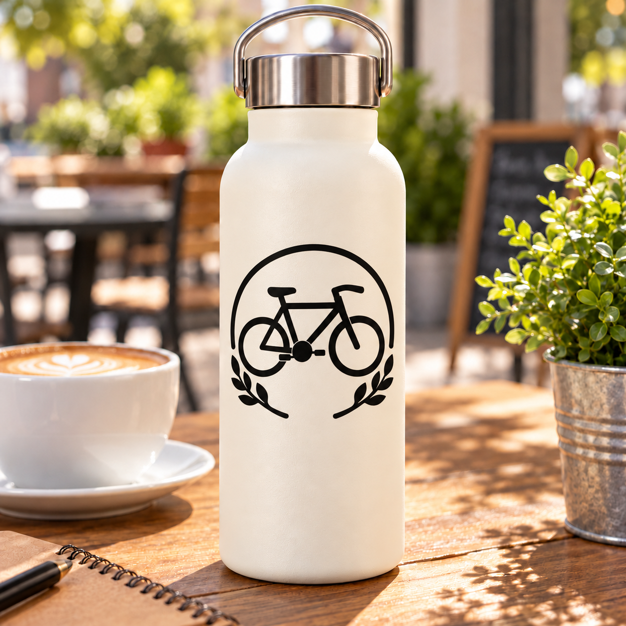 Bicycle laurel vinyl decal: circular black bicycle icon with laurel wreath