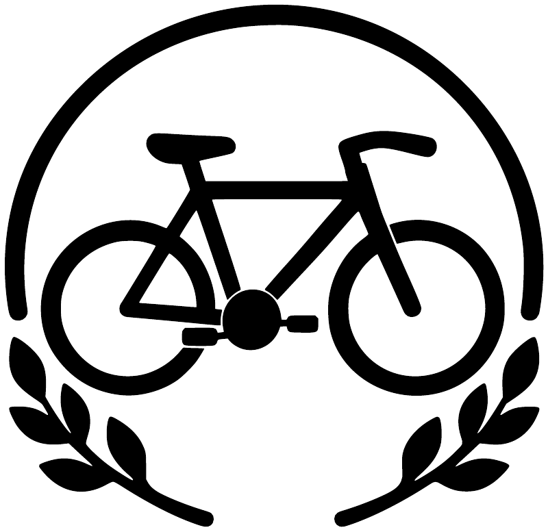 Circular bicycle laurel vinyl decal with bold black bike icon and wreath
