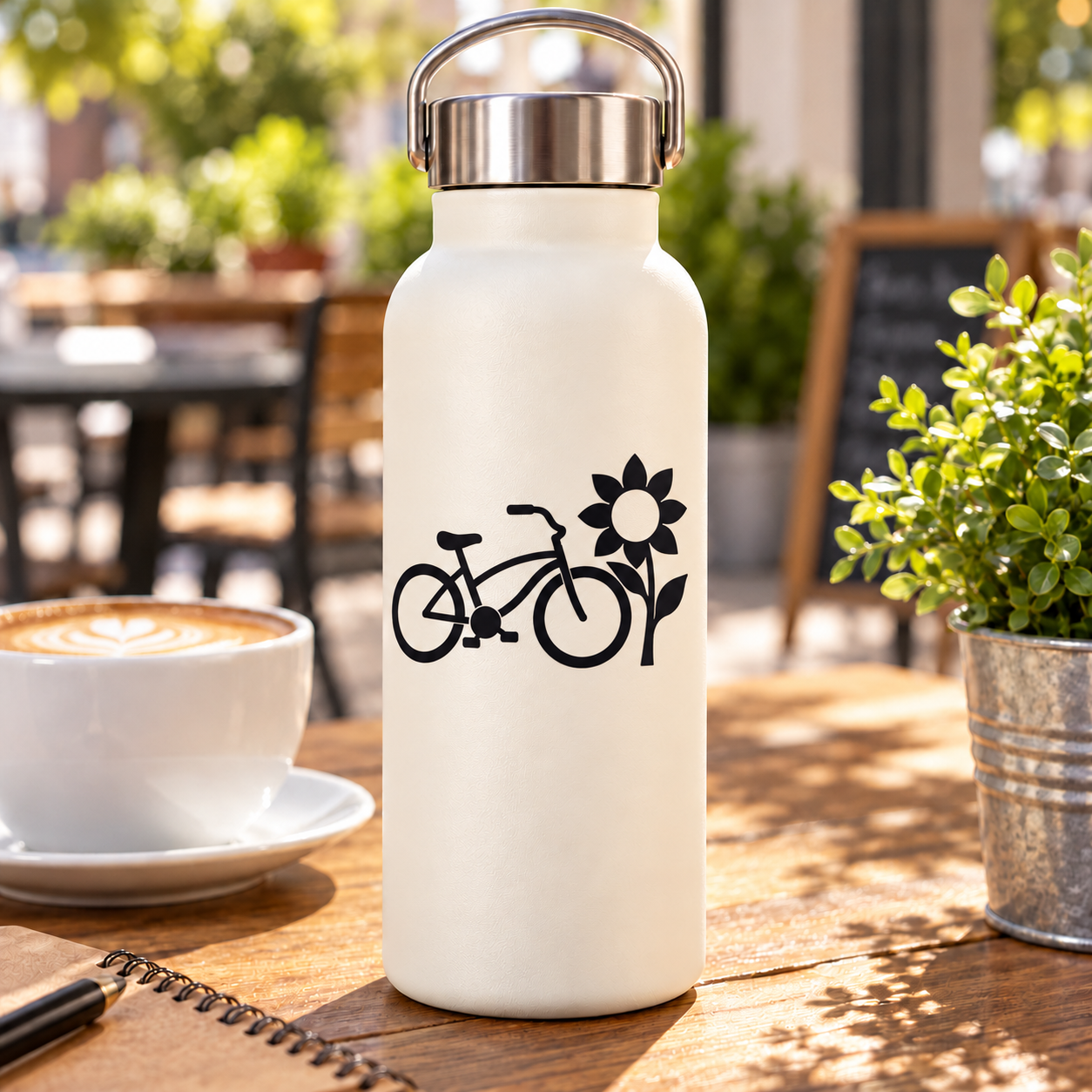 Bicycle and sunflower vinyl decal on bottle, black crest design on white