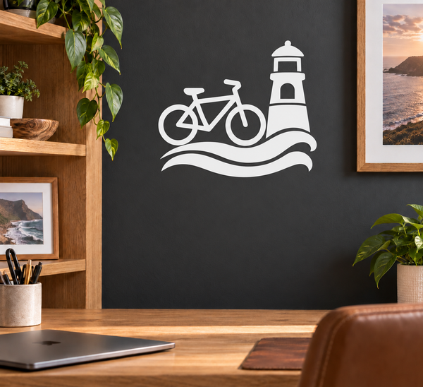 Bicycle and lighthouse ride vinyl decal with waves, white on dark surface