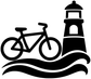Bicycle and lighthouse ride vinyl decal with ocean waves, black and white design