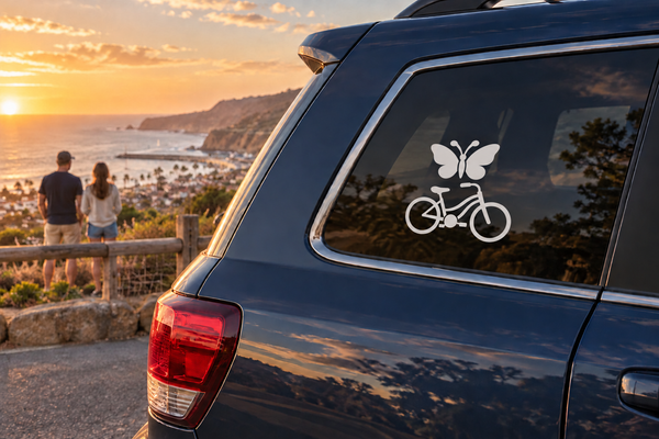 White bicycle and butterfly vinyl decal for car window