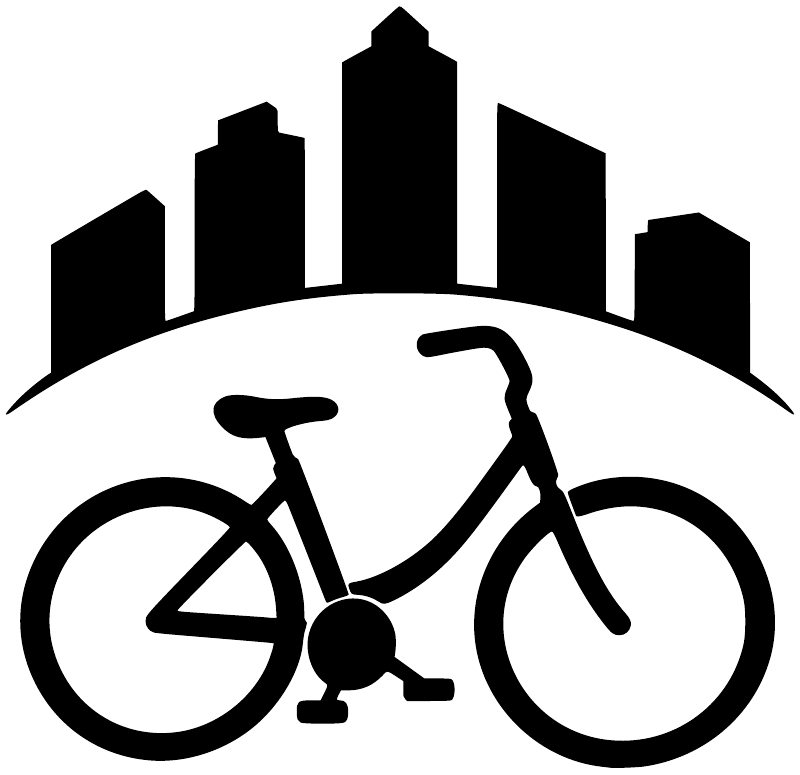 Bicycle city arch vinyl decal, black skyline silhouette with bicycle icon on white