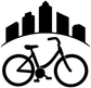 Bicycle city arch vinyl decal, black skyline silhouette with bicycle icon on white