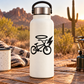 White water bottle with black bicycle and lightning sweep vinyl decal
