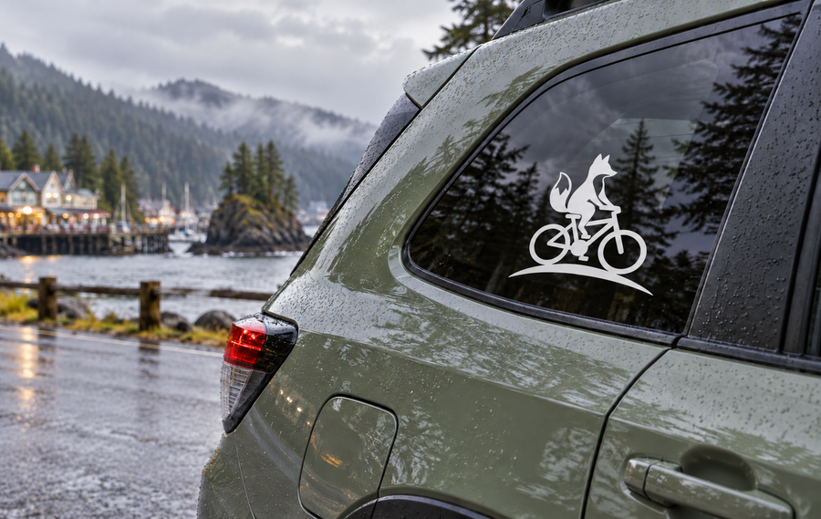 Bicycle fox riding vinyl decal on car window, white icon with bicycle and fox