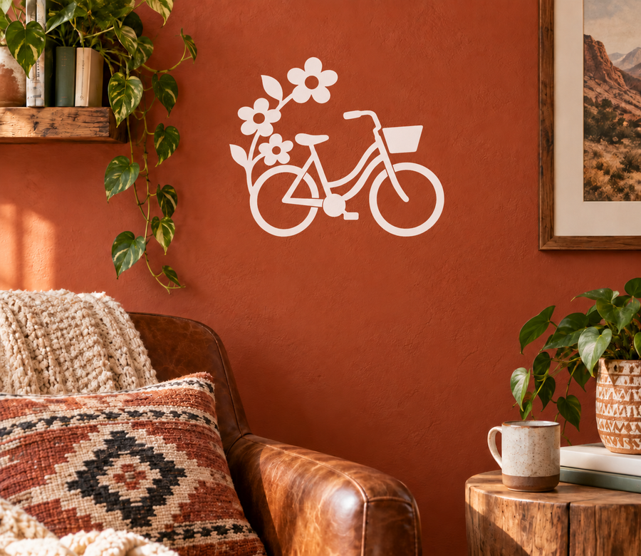 White bicycle with wildflower arc vinyl decal