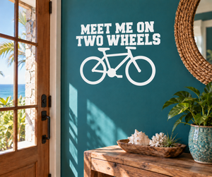 Vinyl decal with 'Meet Me on Two Wheels' text and bicycle outline, white