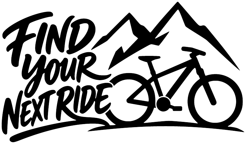 Black and white vinyl bicycle decal: "Find Your Next Ride" with mountain and bike icon