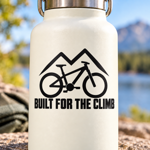 Black bicycle vinyl decal with mountain peak icon and 'Built for the Climb' text on white