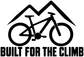 Close-up black vinyl bike decal: mountain peak, rider silhouettes, and 'Built for the Climb'
