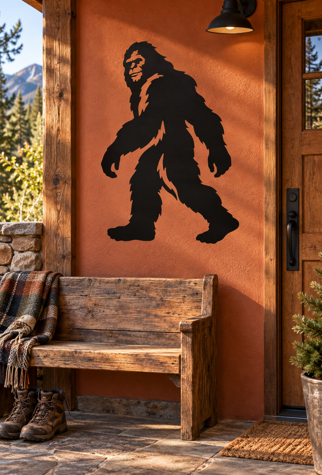 Bigfoot vinyl decal silhouette on an orange outdoor door