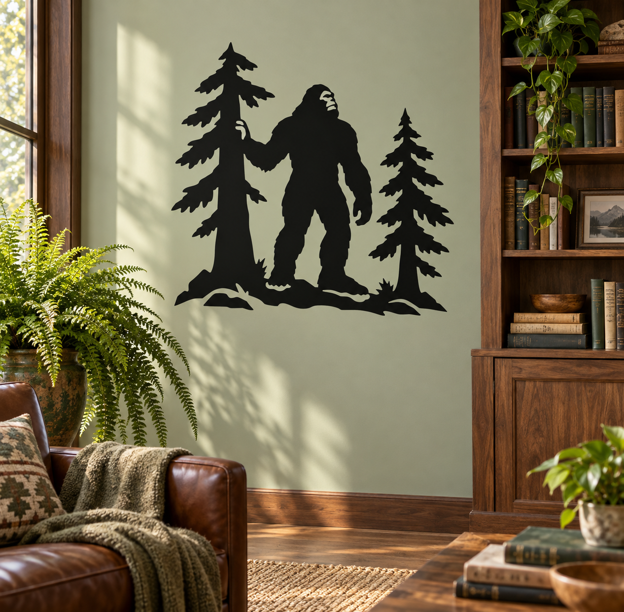 Black Bigfoot silhouette vinyl decal with pine trees in a forest lookout scene