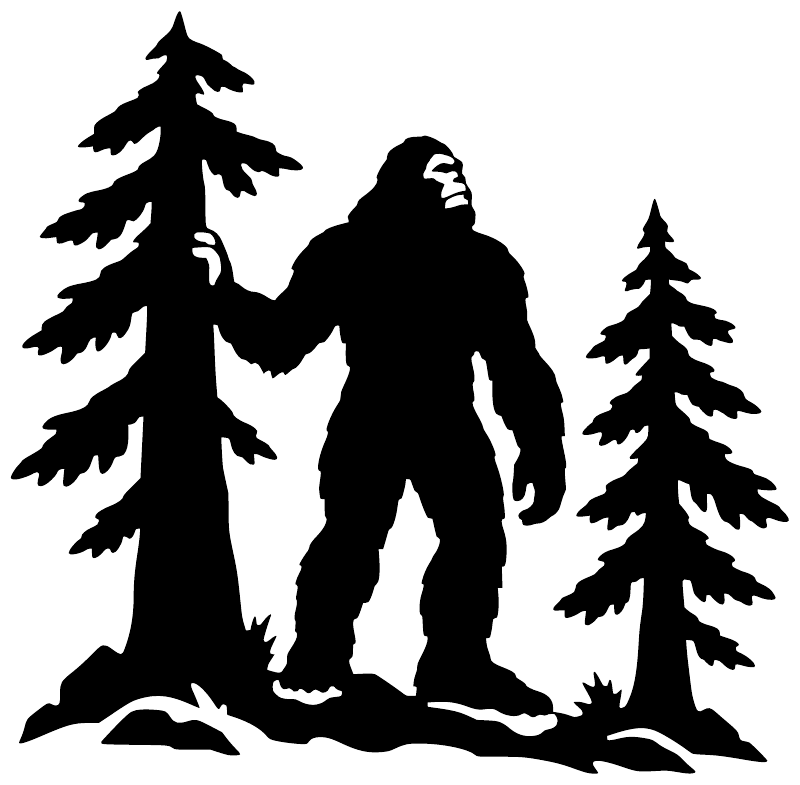 Black Bigfoot and pine tree silhouette vinyl decal, forest lookout shape