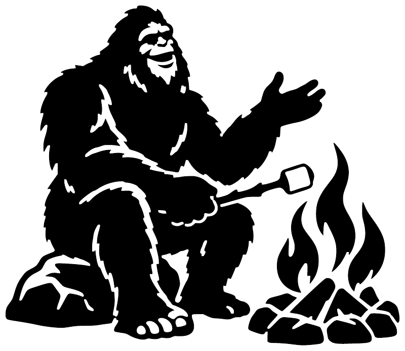 Black Bigfoot vinyl decal silhouette with raised hands, fire, and rocks