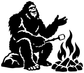 Black Bigfoot vinyl decal silhouette with raised hands, fire, and rocks