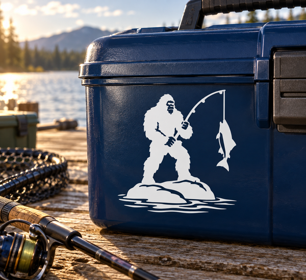 Fishing Bigfoot vinyl decal on dark blue surface, white silhouette with fishing rod and fish